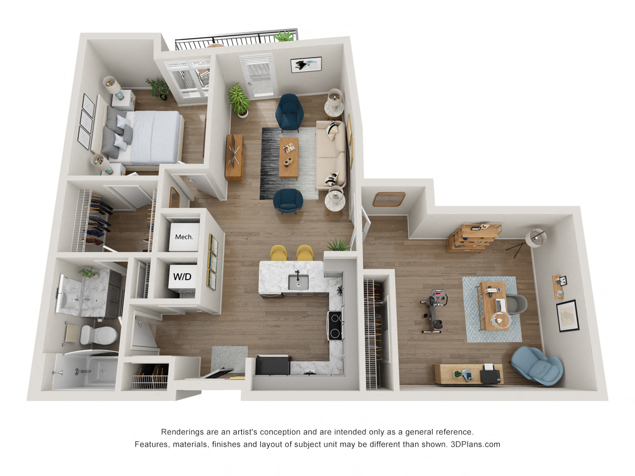 Floor plan for 1 bed, 1 bath, 886 sqft